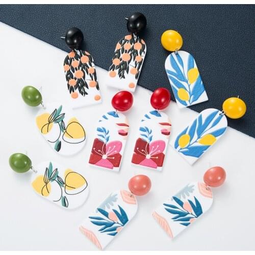 Fashion Yellow Pink Geometric Irregular Flora Leaves Graffiti Women Acrylic Dangle Earrings Jewelry Collection Wholesale