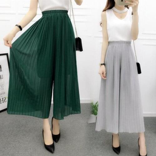 Solid Loose Trousers Spring Summer Style Female Chiffon Pleated Skirts Pants Women Wide Leg Pants Elastic Waist Culottes