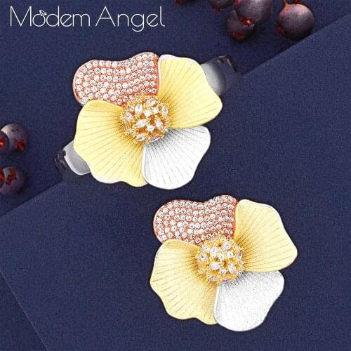 ModemAngel Begonia Flowers Luxury 3 Tone Full AAA Cubic Zirconia Women Bracelet Bangle Ring Set Dress Jewelry Sets