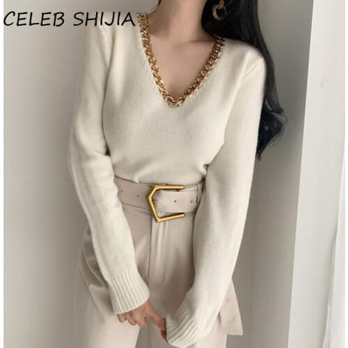 2020 Chic V-neck Metal Chain Women Knitted Pullover Jumpers Thick Warm Long Sleeve Female Sweater Tops Autumn Winter