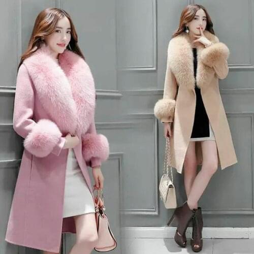 Elegant Fashion Long Wool Coat Collar Detachable Fur Collar Wool Blend Coat and Jacket Solid Women Coats Autumn Winter