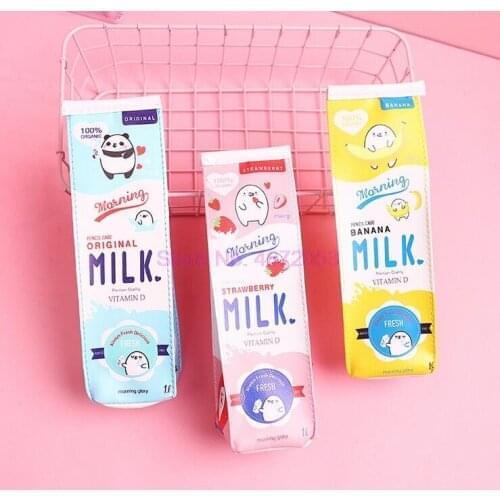 100pcs/lot Creative PU Leather Pencil box case Simulation Milk Box cute pencil bag Kawaii Stationery School Supplies kids gift