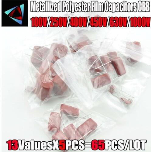 100V 250V 400V 450V 630V 1000V 13ValuesX5PCS=65PCS,Metallized Polyester Film Capacitors CBB Assortment Kit