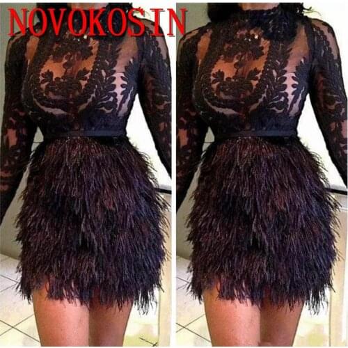 2019 High Neck Ostrich Feather Appliqued Transparent Short Mini Cocktail Dress Long Sleeve Prom Party Gowns vestido de festa