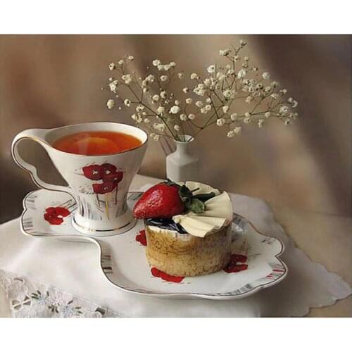 5D DIY Diamond Painting Flower Cross Stitch Coffee &Cake Afternoon Tea Needlework Home Decorative Full Square Diamond Embroidery