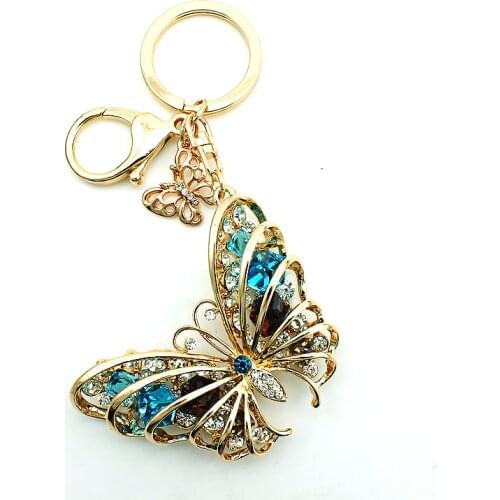 JINGLANG Brand Gold Color Lobster Clasp Key Rings Dangle Color Crystal Butterfly Charms Women Keychain Handbag Luxury Jewelry