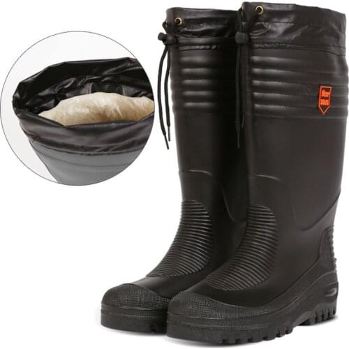 Black High Fishing Boots Men Water Shoes Rain Boots with Fur Winter High Boot Cotton Padded Boots Waterproof