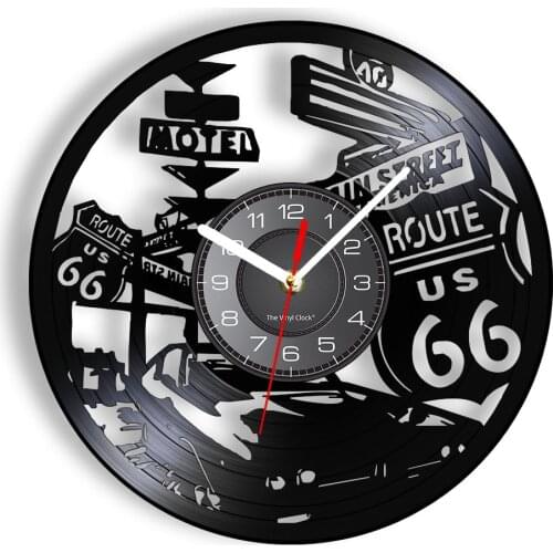 American Route 66 Decorative Wall Clock Mother Road Of the USA Vintage Design Illuminated Wall Watch Carved Vinyl Record Artwork
