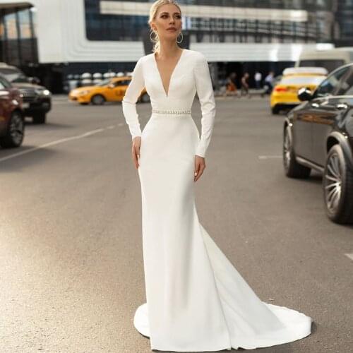 Elegant Classic Mermaid Weddding Dress 2021 V Neck Backless Long Sleeve Draped Beads Sash Simple Bridal Gowns Vestidos De Noiva