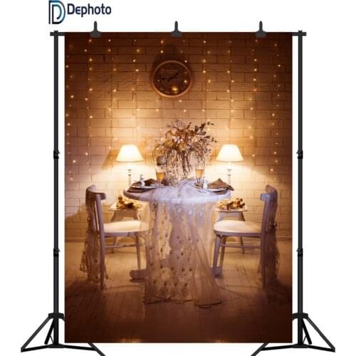 DePhoto Brick wall Light Bulb Table flower Dinner Night indoor Scenic Photo Backgrounds Photography Backdrops For Photo Studio