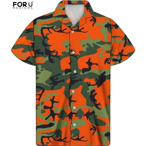 FORUDESIGNS Orange Camouflage Design Boys Fashion Summer Short Sleeved Shirts Male Beach Breath Holiday Tun-down Collar Tees