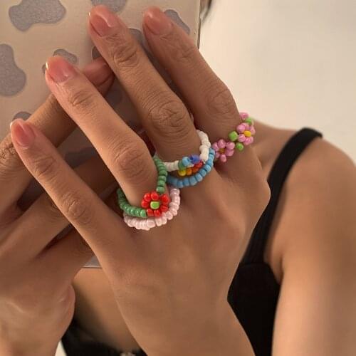 HaHaGirl Multi-color Small Flower Ring Korean Version Hand-woven Bead Ring Rice Beads Ring Women Jewelry Small Fresh Style Ring
