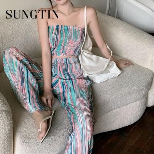Sungtin Tie Dye Two Piece Set Cropped Strapless Wide Leg Pants Women Korean Chic Sexy Slash Neck Tops Suit Trousers Casual Set