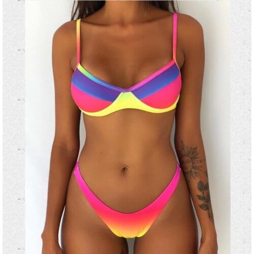 Sexy Push Up Padded Underwire Women Bikini Set Rainbow Floral Leaf Print Swimsuit Thong Swimwear Summer Beachwear Female Biquini
