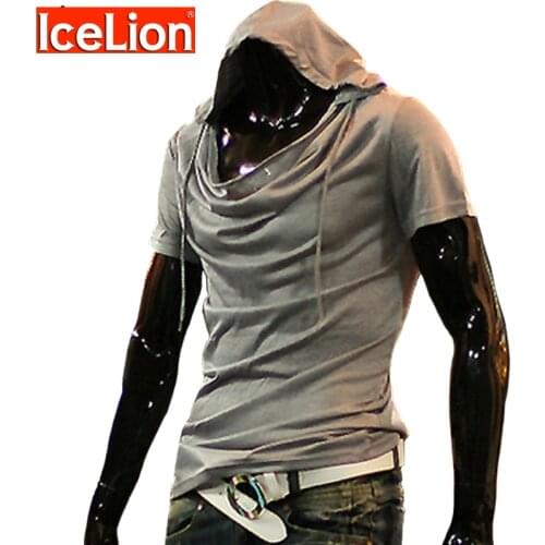 IceLion Hooded T-shirt Men Short Sleeve Heap Collar T Shirt For Men Fashion Casual Shirt Solid Streetwear Men Clothes Spring New
