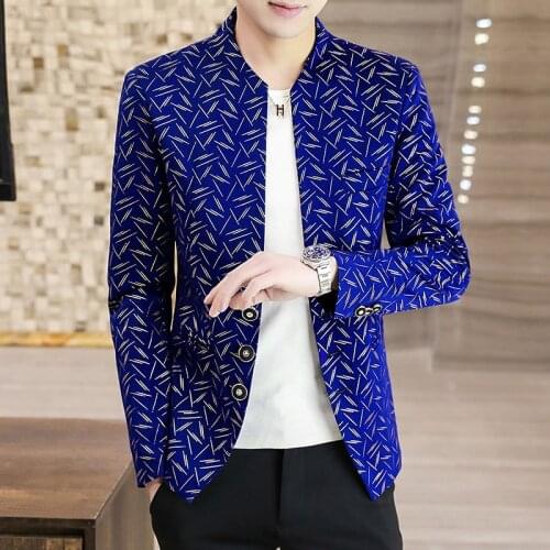 HOO2021 Mens Collar Line Printed blazer Youth Three Button Slim Casual suit Jacket