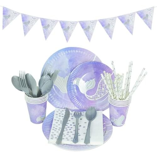 Mermaid Disposable Tableware Set Paper Cup Plates Straws Banner Under The Sea Little Mermaid Girls 1st Birthday Party Decoration