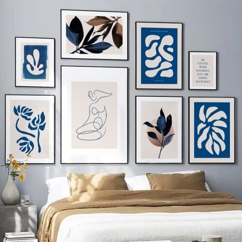 Blue Lotus Plants Leaves Abstract Line Body Wall Art Canvas Painting Nordic Posters And Prints Wall Pictures For Living Room
