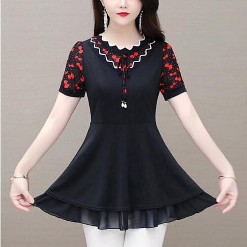 2021 new Casual floral o neck tShirt Autumn summer short Sleeve Women Shirts Elegant Office Lady Button Tops Blusa