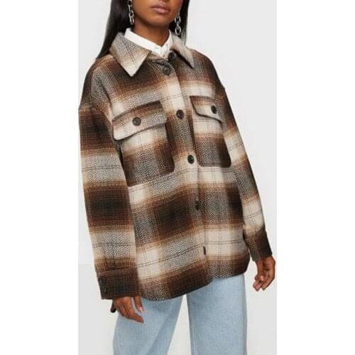 New Vintage Women Long Sleeve Woolen Coats Fashion Lady Thick Plaid Coat Female Streetwear Elegant Girls Oversize Jacket Chic