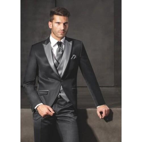 New Style One Button Black Groom Tuxedos Peak Lapel Groomsmen Best Man Wedding Prom Suits (Jacket+Pants+Vest+Tie)