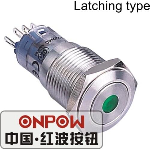 ONPOW 16mm Metal Latching on-off Flat round 12V,24V,110V,220V Dot LED Stainless steel Push Button Switch (LAS2GQF-ZD/S) CE,RoHS