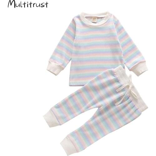 Autumn Clothing Newborn Infant Baby Boy Girls Colorful Striped Clothes Autumn Long Sleeve T-shirts Tops+Pants 2pcs Cotton Outfit