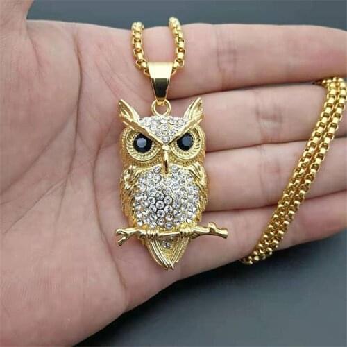 Hip Hop Iced Out Owl Pendant Necklace For Women Gold Color Stainless Steel Animal Bling AAA CZ Necklace Womens Jewelry