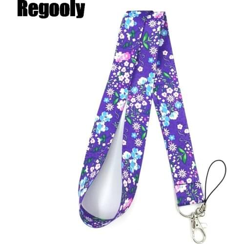 Purple Flowers Lanyard Keys Phone Holder Funny Neck Strap With Keyring ID Card DIY Animal webbings ribbons Hang Rope