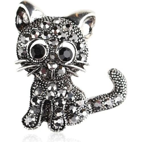 Rhinestone Animal Black Cat Cute High Quality Cubic Zirconia Crystal Cat Brooch Pins for Women Wholesale 2020 New Arrival