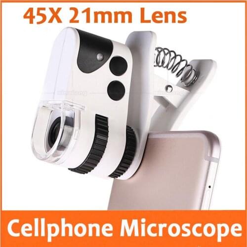 45x 21mm Focus LED Illuminated Cellphone Microscope Magnifier Jewelry Appraisal Loupe with Mobile Phone Clip & USB Light Source