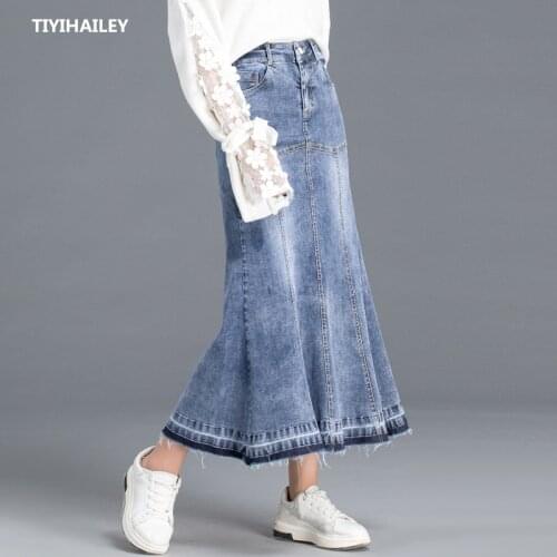 TIYIHAILEY Free Shipping 2021 New Fashion High Waist XS-3XL Long Maxi Skirts Mermaid Style Women Blue Skirts With Tassels