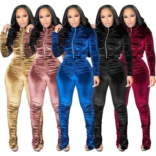 Vintage Velvet Loungewear Sets Women Velour Two Piece Outfits Zipper Full Sleeve Jacket and Stacked Pant Sweatsuit Matching Set