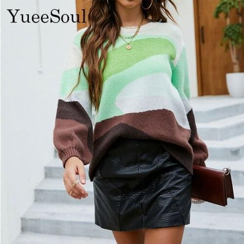 Green Knitted Women Sweater Long Sleeve O Neck Casual Jumper Streetwear 2021 New Fall Winter Geometric Printed Female Pullover