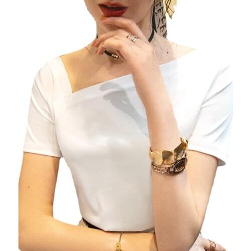 2021 Summer Wear New Diagonal Collar Short Sleeve Mercerized Cotton T Shirt Female White T Shirt for Women