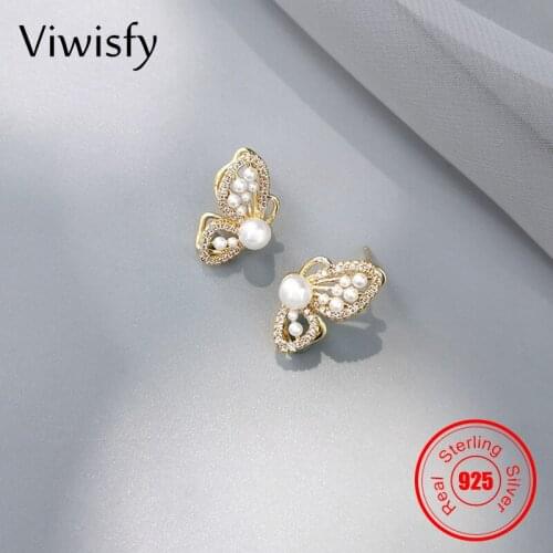 Viwisfy Gold Color Cute Butterfly Pearl Jewelry Girl Gift Real 925 Sterling Silver Stud Earrings For Women VW21425
