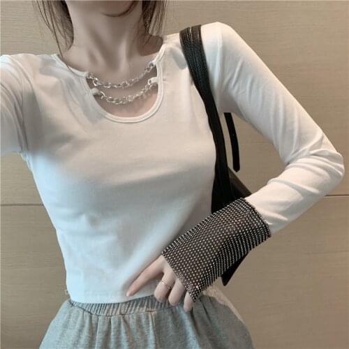 Tops Women 2020 Autumn New Korean Chain Trendy with Diamond Sleeves Sexy Womens Bottoming Shirt Short Blouses Black White