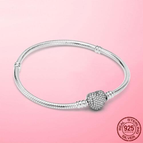 Romantic 925 Sterling Silver Sparkling Heart Clasp Snake Chain Bracelet For Women For Original Brand DIY Charm Beads Jewelry