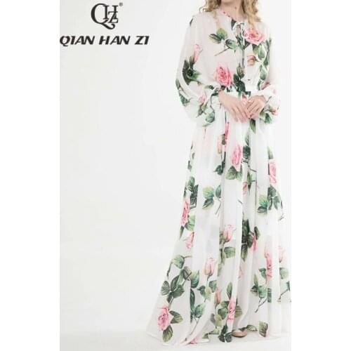 Qian Han Zi fashion runway Maxi dress Womens Lantern Sleeve Rose Print Long Dress White elegant summer beach Floor-Length dress