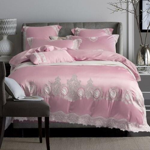Luxury 100S Egyptian cotton Embroidered Bedding sets Pink Lace Queen King Princess Duvet cover Bed sheet set Pillowcases 4/6pcs