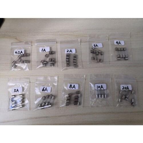 5Values*10pcs=50pcs 0. 5A to 20A 5*20mm Glass fuse kit Safety Tube 1A/2A/3A/4A/5A/6A/8A/10A Assortment 5x20mm package set