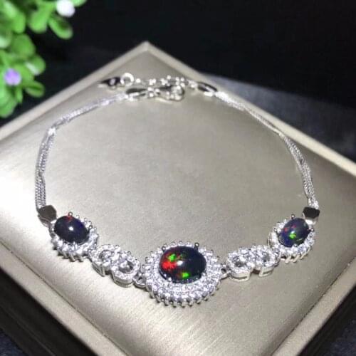 Natural black opal bracelet, mysterious night sky nebula, changing colors, Australian origin, 925 silver