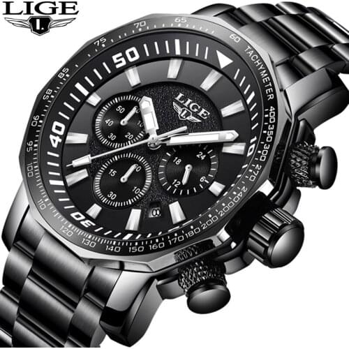 Mens Watches LIGE Casual Military Sports Watch Mens Large Dial Quartz Mens Stainless Steel Waterproof Watch Relogio Masculino