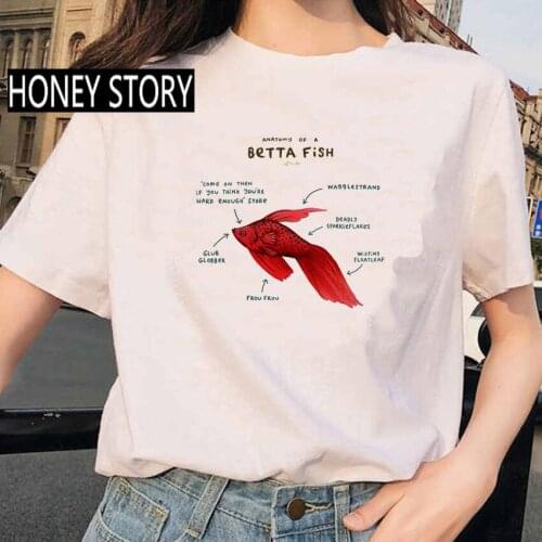 Summer Creative Animal Betta Fish Analysis Anatomy Pattern Print Women T shirt Fashion Female Short Sleeve Cotton Clothes