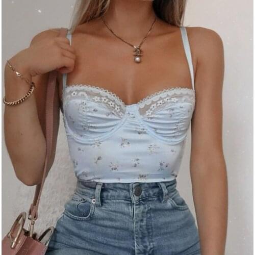Hirigin Aesthetic Cute Flower Print Crop Camis Tops Women Lace Trim Vintage Kawaii Clothes Sleeveless V Neck Sexy Corset Top