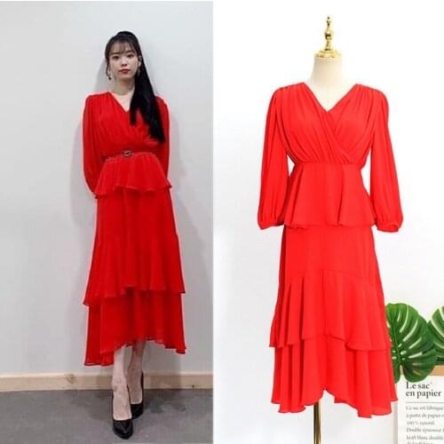 Kpop IU Lee Ji Eun party Fashion loose V-neck mid-length dress women summer new Streetwear elegant casual puff sleeved dresses
