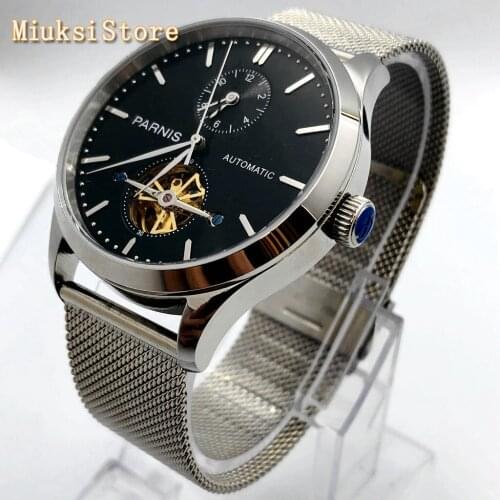 Parnis new 43mm silver case black dial automatic mens top leisure flywheel mechanical watch gift