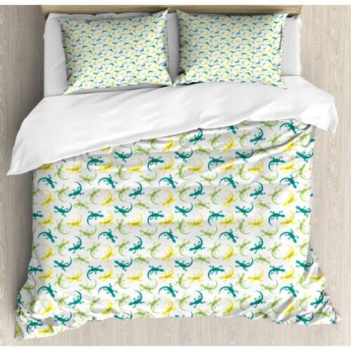 Salamander Duvet Cover Set Colorful and Fun Composition of Reptiles 3 Piece Bedding Set White Multicolor