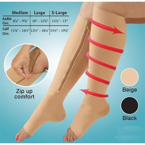 2 Pairs Women Zipper Compression Socks Zip Leg Support Knee Sox Open Toe Sock Fashion and Leak Toe Black Khaki Color