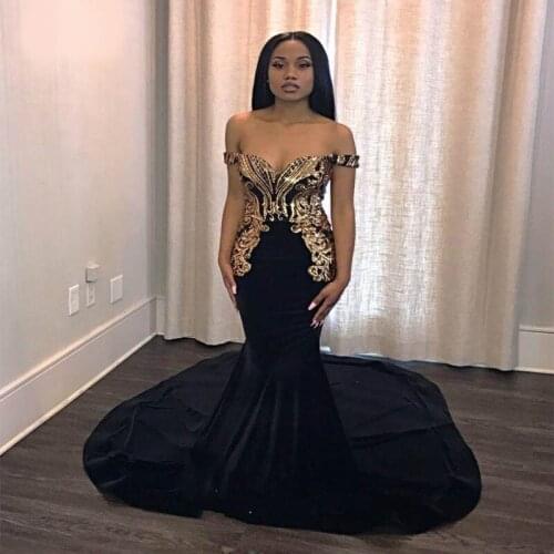 Plus Size Off The Shoulder Mermaid Prom Dresses 2019 Black And Gold Lace Up Long Evening Gowns Custom Made Vestidos De Gala